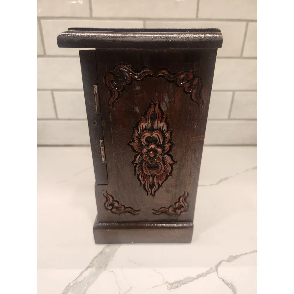 Vintage Wooden Jewelry Cabinet with Magnetic Doors & Multiple Felt Lined Drawers